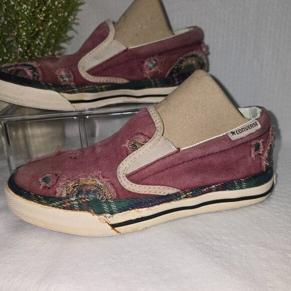CONVERSE SKID GRIP EV PATCHWORK WOMENS SLIP ON BURGUNDY CANVAS PLIMSOLLS 5.5 - Picture 5 of 9